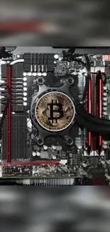 Bitcoin-themed motherboard with circuitry and processor details.