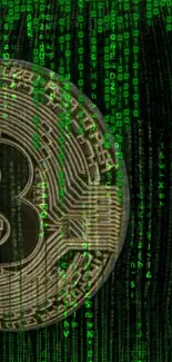 Bitcoin coin on a digital matrix background with green code.