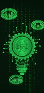 Futuristic green Bitcoin digital art wallpaper for mobile screen.