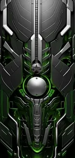 Futuristic black and green mechanical wallpaper design.