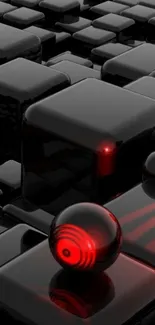 Futuristic black cubes with striking red sphere wallpaper.