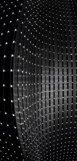 Futuristic black and white wallpaper with light dots on a curved grid.