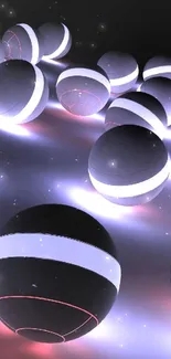 Glowing black and white spheres on a futuristic backdrop.