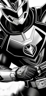 Futuristic character in black armor suit, high contrast design.