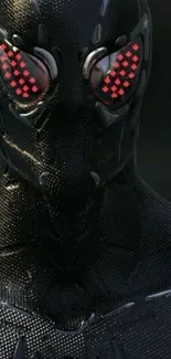 Futuristic black armor with red eyes.