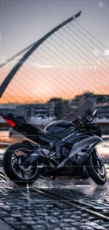 Futuristic black motorcycle with digital effects against a sunset cityscape.