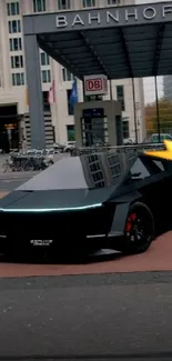 A sleek black futuristic car in a city setting.