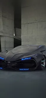 Futuristic black car with neon accents in concrete setting.