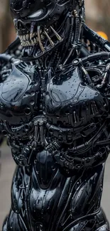 Futuristic black cyber warrior with intricate mechanical details.