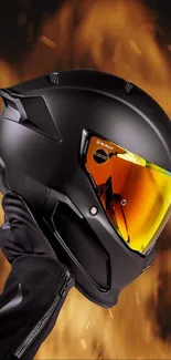 Futuristic black helmet amidst flames.