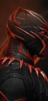 Futuristic Black Panther graphic wallpaper with red highlights.