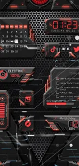 Futuristic black and red wallpaper with cyber theme icons and digital interface.