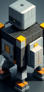 Blocky futuristic robot with geometric design, dark gray and orange accents.