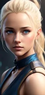 Futuristic blonde character with blue eyes in a digital artwork.