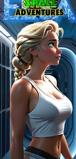 Blonde character in futuristic spaceship with sci-fi design.