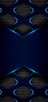 Futuristic blue abstract wallpaper with neon hexagons.