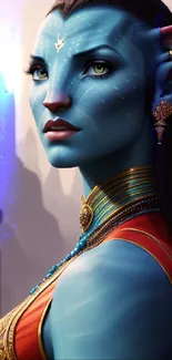 Blue alien character in fantasy setting with mystical background.