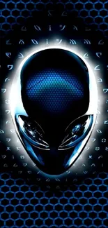 Futuristic blue alien head design with a glowing effect on a patterned background.