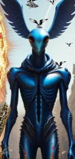 Futuristic blue alien with wings against a cosmic cityscape.