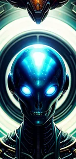 Futuristic blue alien with glowing eyes and intricate design on mobile wallpaper.