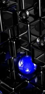 Futuristic blue and black geometric mobile wallpaper with glowing spheres.