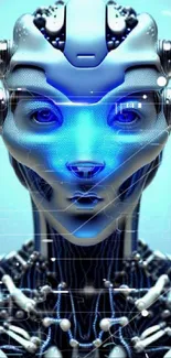 Futuristic blue android face with intricate technology design.