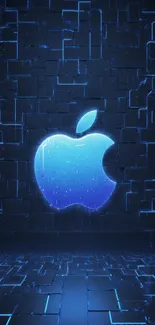 Futuristic blue Apple logo on a dark geometric background.