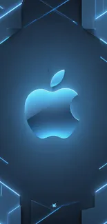 Futuristic blue Apple logo with neon accents on a dark background.