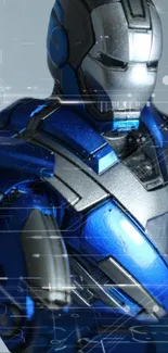 Futuristic blue armored figure on sci-fi themed mobile wallpaper.