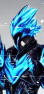 Futuristic warrior in blue armor on a digital background wallpaper.