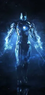 Futuristic blue armored hero glowing with energy.