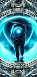 Futuristic neon blue astronaut in space scene wallpaper.