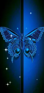 Futuristic blue butterfly digital wallpaper with modern design elements.