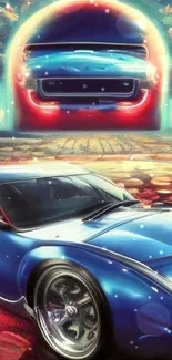 Futuristic blue sports car in a neon dreamscape background.