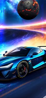 Futuristic blue car with galaxy background and neon lights.