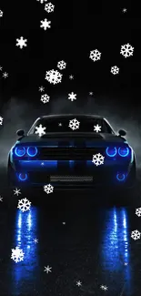 A sleek, blue-lit sports car surrounded by snowflakes at night.