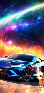 Blue sports car against a cosmic space background.