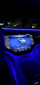 Futuristic blue car interior with illuminated dashboard and high-tech displays.