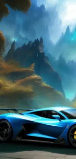 Futuristic blue car in a fantasy mountain landscape scene.