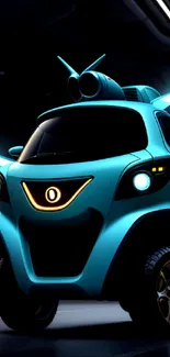 Futuristic blue car with glowing lights on dark background.