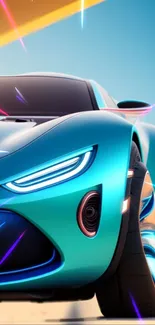 Futuristic blue sports car with dynamic visual effects.