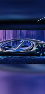 Futuristic blue car with neon lights on a dark background.