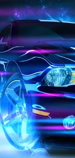 Futuristic blue car with neon lighting on wallpaper.