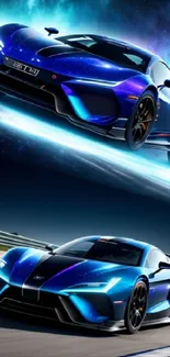 Futuristic blue sports car on cosmic background