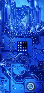 Futuristic blue circuit board wallpaper with intricate technology design.