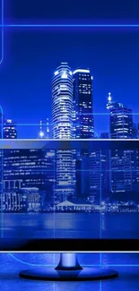 Futuristic blue cityscape with a digital display.