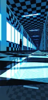 Futuristic blue corridor with a geometric checkered pattern.