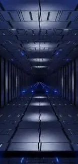 Futuristic corridor with deep blue tones and sleek modern design.