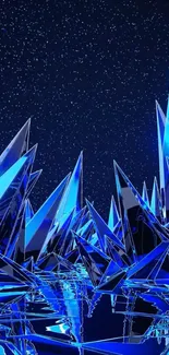 Blue crystal spikes under a starry sky, futuristic wallpaper.