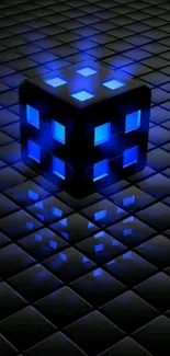 Futuristic blue cube wallpaper with neon glow.